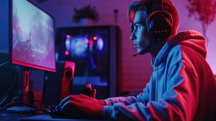 Intense Male Gamer Playing Competitive Video Game at Night