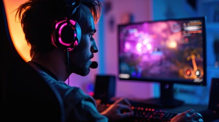 Fototapeta na wymiar Intense Male Gamer Playing Competitive Video Game at Night