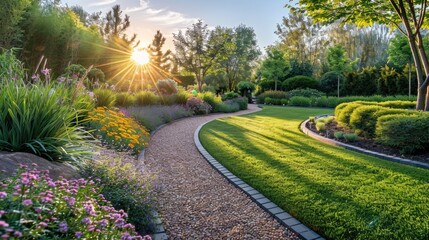 landscape garden design with green manicured lawn, beautiful flower beds and path at park.