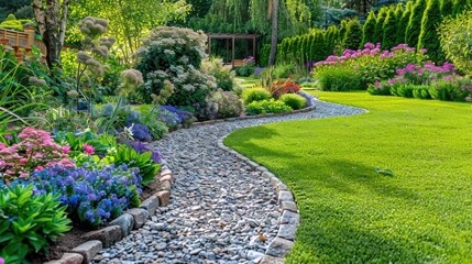 landscape garden design with green manicured lawn, beautiful flower beds and path at park.