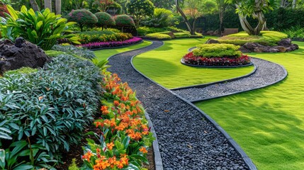 landscape garden design with green manicured lawn, beautiful flower beds and path at park.