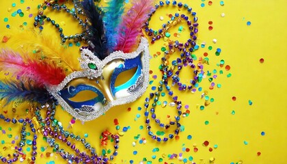 Festive Finery Arrangement- Top view capturing extravagant New Orleans mask, colorful bead