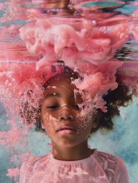 Underwater portrait of young girl with pink liquid paint her head is near the surface of water