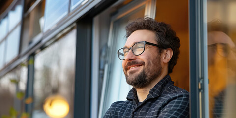 Man Wearing Glasses Smiling Contentedly While Looking Outdoors - obrazy, fototapety, plakaty