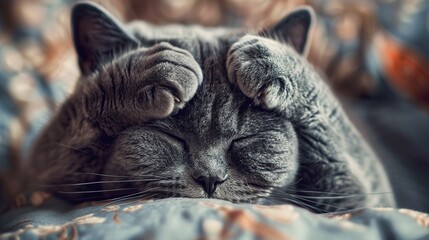 Unhappy chubby British short hair kitten cover its ears with paws isolated on vintage home background, concept of mental health, depression, anxiety, shy and anti social.