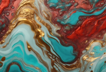 Acrylic Fluid Art Spots of red gold and aquamarine waves Abstract stone background or texture