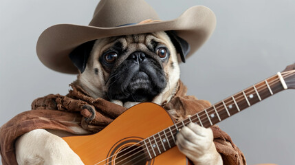 Mexico style cute innocent pug dog puppy wearing cowboy hat and holding wooden guitar playing country music isolated on white background, funny animal musician portrait.