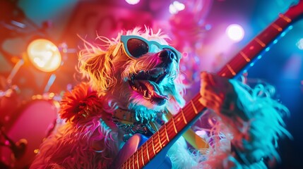 Devoted rock star dog with stylish sunglasses singing and playing rock music with guitar on stage under pink and blue neon light, rock and roll funny animal.