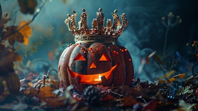 Scary pumpkin king jack o lantern with golden vintage crown on abandoned  smoky background, concept of Halloween party, event.