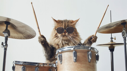 Fashion modern rock cat kitty drummer beating drum set devoted isolated on white background, funny animal musician playing music with stylish sunglasses.