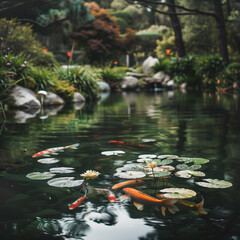 Obraz na płótnie Canvas Serene Koi Pond with Lush Greenery and Water Lilies