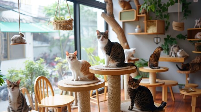 Playful Cats Enjoying Their Time at a Modern Cat Cafe