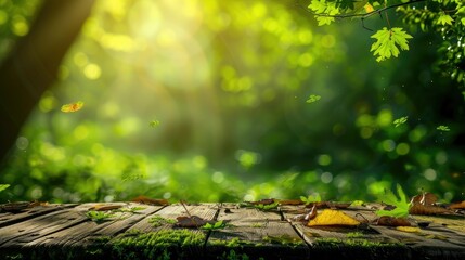 The wooden table is placed in a lush green forest. The sunlight is shining through the trees, creating a magical atmosphere.