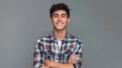 Portrait of a handsome young man smiling and looking at the camera. He is wearing a plaid shirt and has his arms crossed. - obrazy, fototapety, plakaty