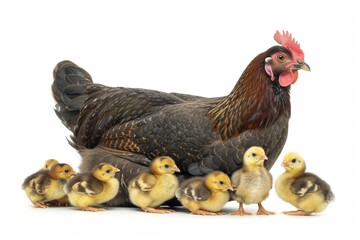 Fototapeta premium In a studio setting, a funny and adorable clutch of fledgling chicks with a hen, showcasing farm life.