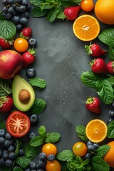 A delicious and varied assortment of fresh organic fruits and vegetables beautifully framed on a black background.
