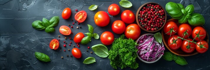 A fresh and nutritious display of organic vegetables, including ripe tomatoes and green herbs.