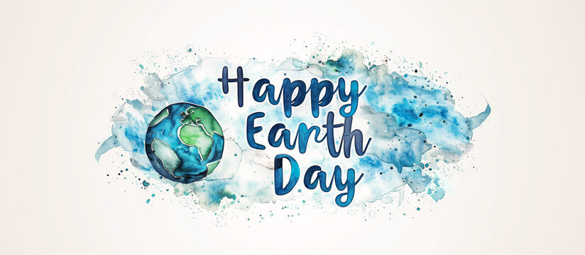 Happy Earth Day banner with watercolor text design and splashes white background