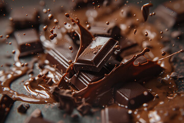 Dark chocolate bar with splashes of melted chocolate