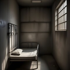 Empty prison. Sad and desolate image of a prison with a bed and bars. Image created by AI. - obrazy, fototapety, plakaty