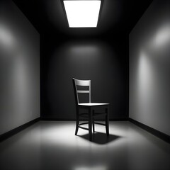 Interrogation room: non-empty chair in the center and a light. Sad scene. Image created by AI.