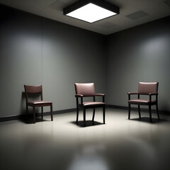 Interrogation room: non-empty chair in the center and a light. Sad scene. Image created by AI.