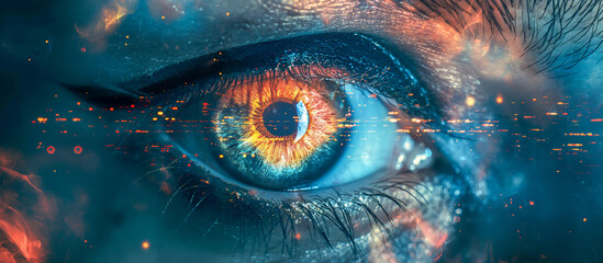 Image of Eye glowing catching fire processing data stream - Information Overload excessive exposure to digital and social media simulation concept background banner 