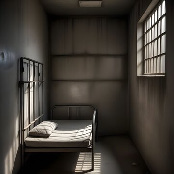 Empty prison. Sad and desolate image of a prison with a bed and bars. Image created by AI.