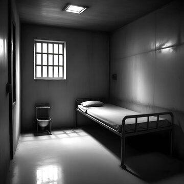 Empty prison. Sad and desolate image of a prison with a bed and bars. Image created by AI.