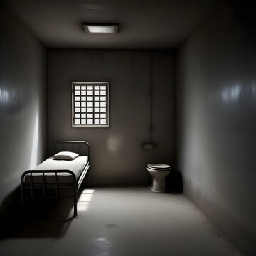 Empty prison. Sad and desolate image of a prison with a bed and bars. Image created by AI.