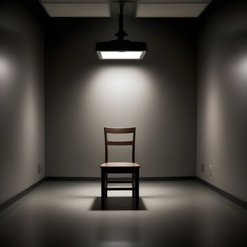 Interrogation room: non-empty chair in the center and a light. Sad scene. Image created by AI.