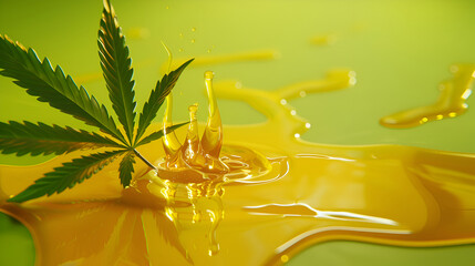 Cannabis leaf with oil splashes on a vibrant yellow background
