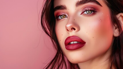 gorgeous girl wearing magnetic mahogany lipstick with beautiful eye makeup on a pink plain background.