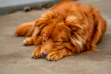 A serene auburn-furred dog lying down