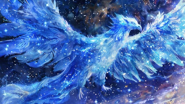 blue flying fantasy bird galaxy art