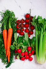 Fresh vegetables, carrots, radishes, celery stalks, cherry tomatoes.top veiw