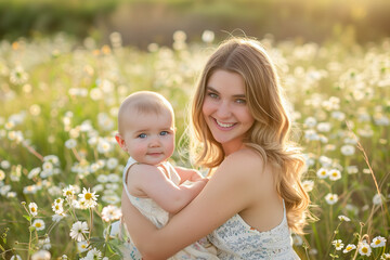 Mother and baby enjoying golden hour in a field of daisies