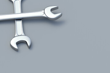 Wrenches on gray background. Metal spanners in workshop. Repair and maintenance tool. Copy space. 3d render