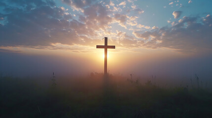 easter sunrise through cross the symbol of he is risen. Jesus Christ cross easter day poster banner. easter sunrise cross, easter sunday flyer with copspace.