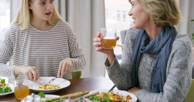 People, family and eating food at dinner table for dining, drinks or meal together in living room at home. Happy and hungry women sharing snack, lasagne and lunch with salad on plate for nutrition