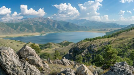 Fototapeta na wymiar The Altai mountain landscape unfolds in a vast panorama, featuring a serene lake nestled amidst towering mountain ranges. This majestic scene captivates with its pristine beauty and rugged wilderness
