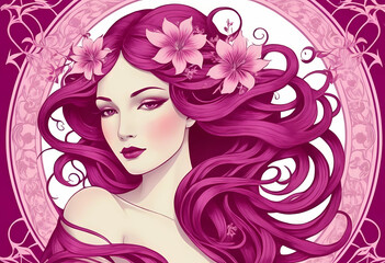 Obraz na płótnie Canvas Purple is a graceful woman with flowing hair and floral touches in the Art Nouveau style 