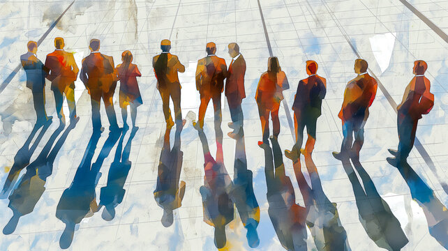 Corporate board of directors standing in a line facing sunlight - Artistic Watercolor illustration highlighting the contrast of a united dynamic front and teamwork in the cold harsh corporate world
