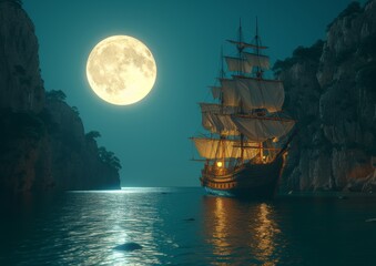 Vintage Galleon Ship Lit by Lanterns Anchored in a Secluded Cove Under a Golden Full Moon - obrazy, fototapety, plakaty