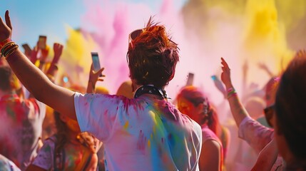 Holi colors over the crowd Holi festival concept