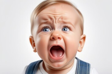 Close-up on small Caucasian boy toddler crying loudly on white backdrop in need for baby care
