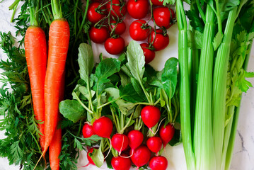 Fresh vegetables, carrots, radishes, celery stalks, cherry tomatoes.top veiw