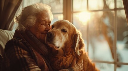 lonely senior woman with her golden retriever lovely dog at home in autumn.  