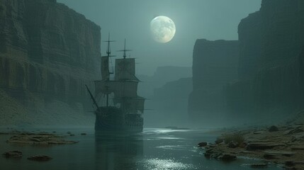 Eerie Full Moon Over an Old Ship Sailing Through a Narrow Canyon at Night