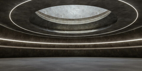Expansive industrial design room with circular ceiling 3d render illustration
